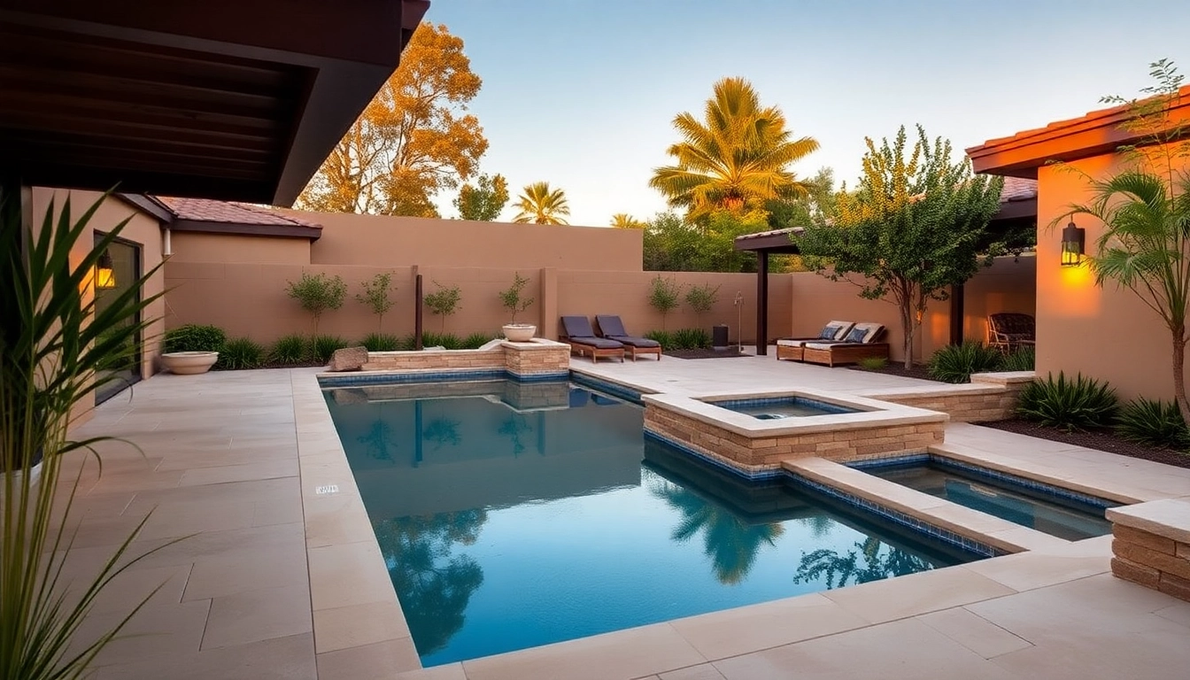 Stylish hardscapes & pools creating a serene backyard oasis with smooth stone pathways.