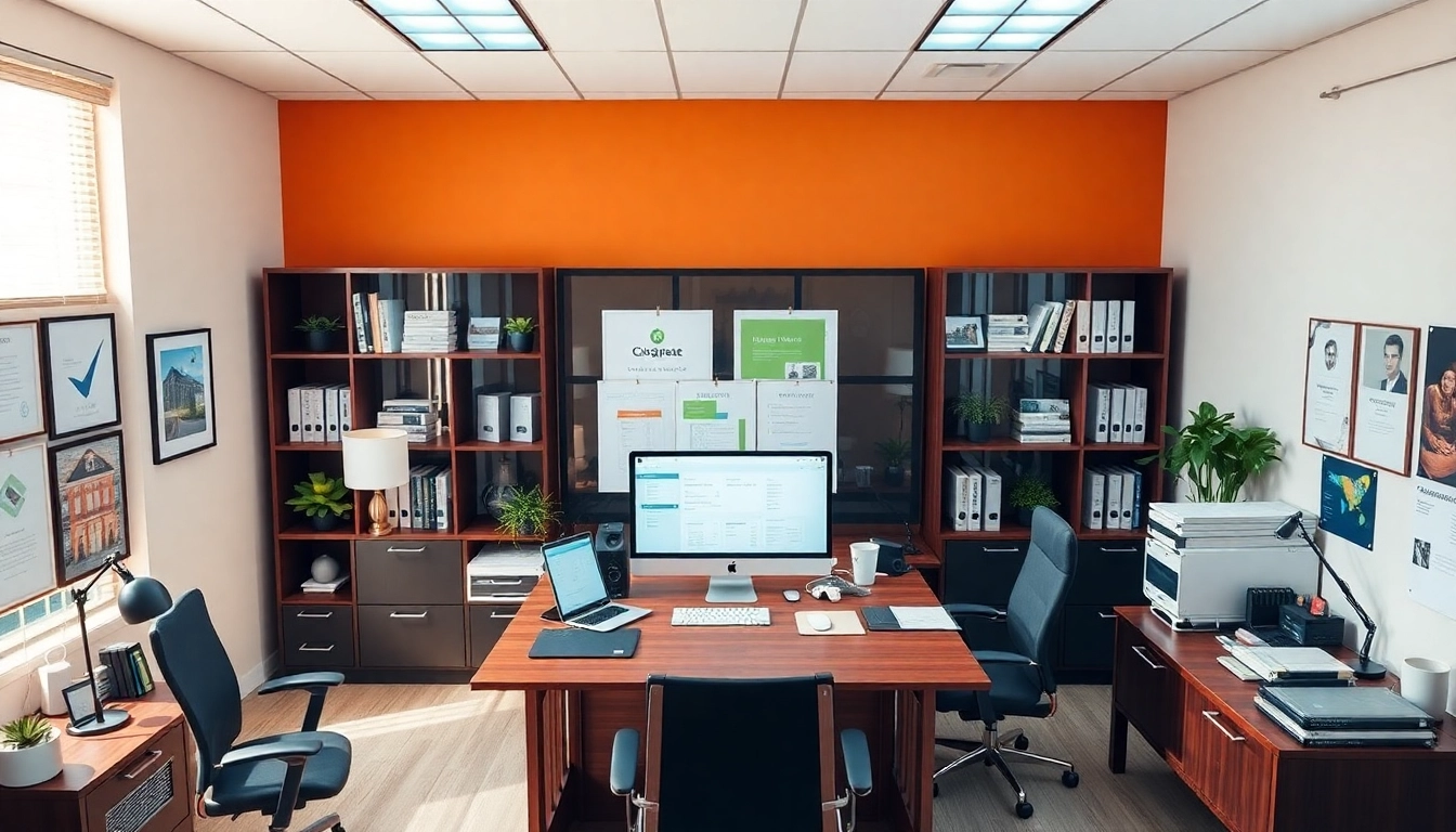 Streamlined real estate management office featuring organized desks and professional decor.