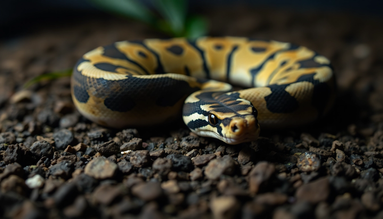 Panda pied ball python for sale exhibiting its striking patterns and colors on a natural backdrop.