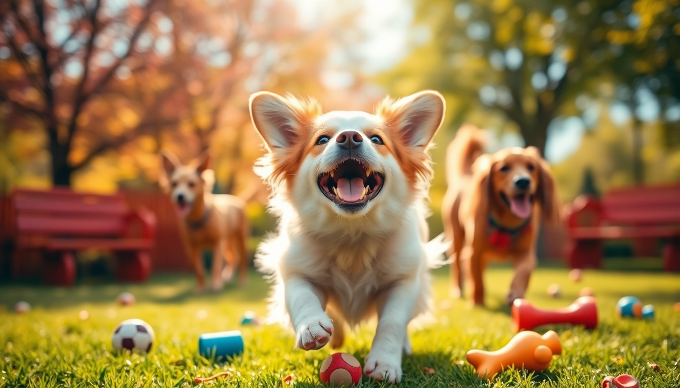 Kate's K9 Pet Care showcases a playful dog enjoying a sunny day in the park with toys.