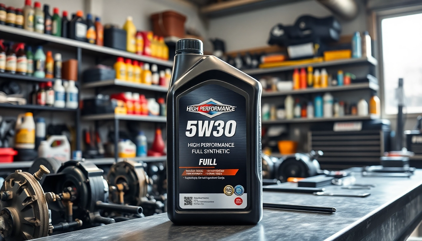 Showcasing full synthetic 5w30 oil in a well-organized automotive workshop highlighting its premium quality.