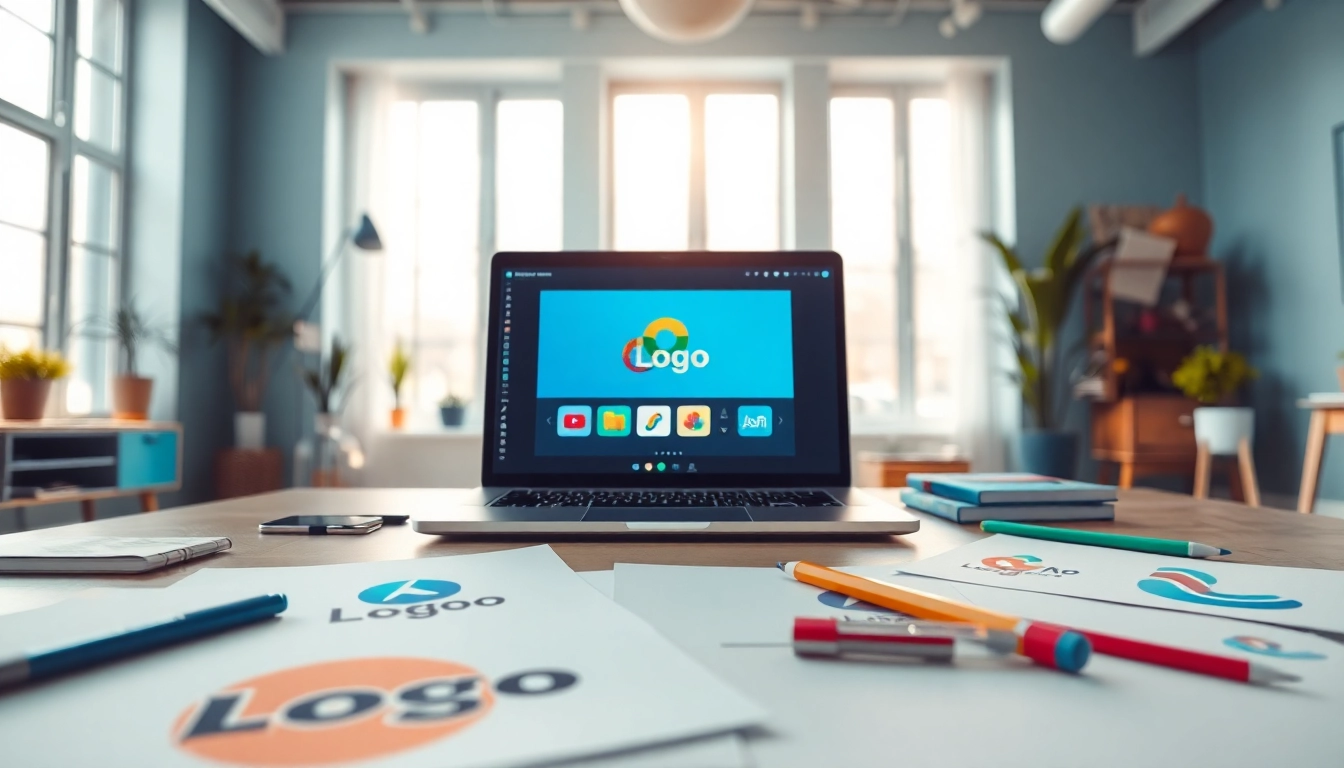 Create a custom AI logo design in a vibrant creative workspace featuring sketches and digital tools.