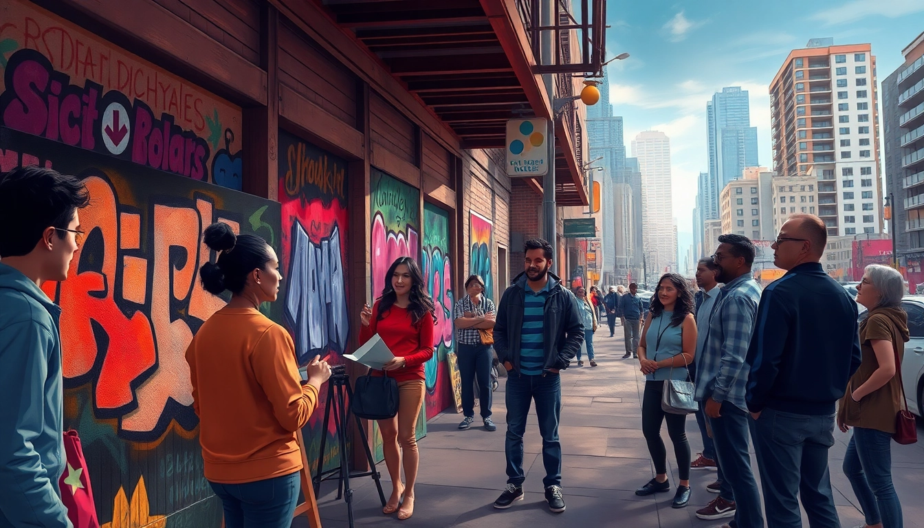 Engaging scene of social commentary with a mural artist illustrating community issues.