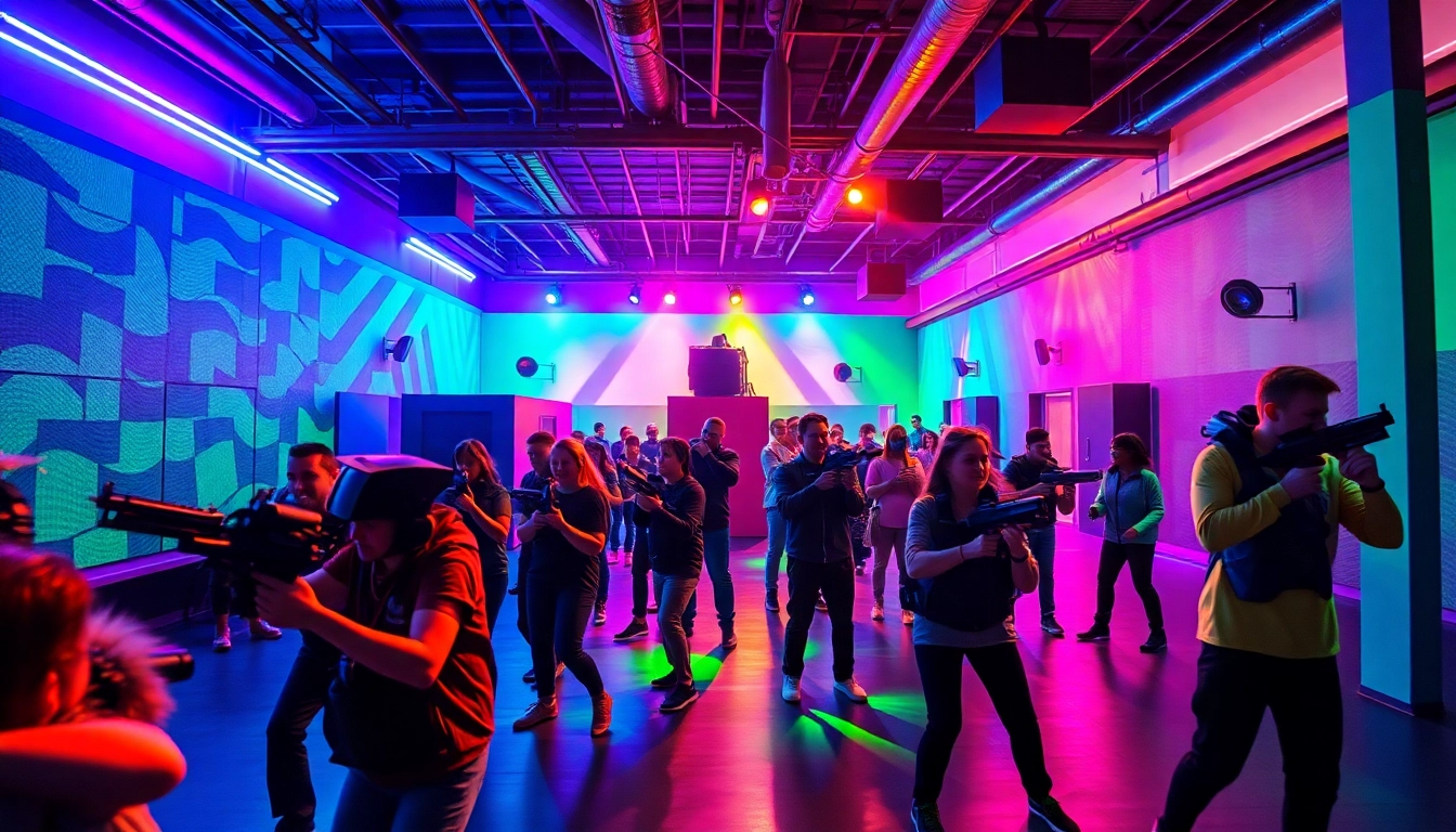 Players engaged in thrilling laser tag action in a vibrant arena.