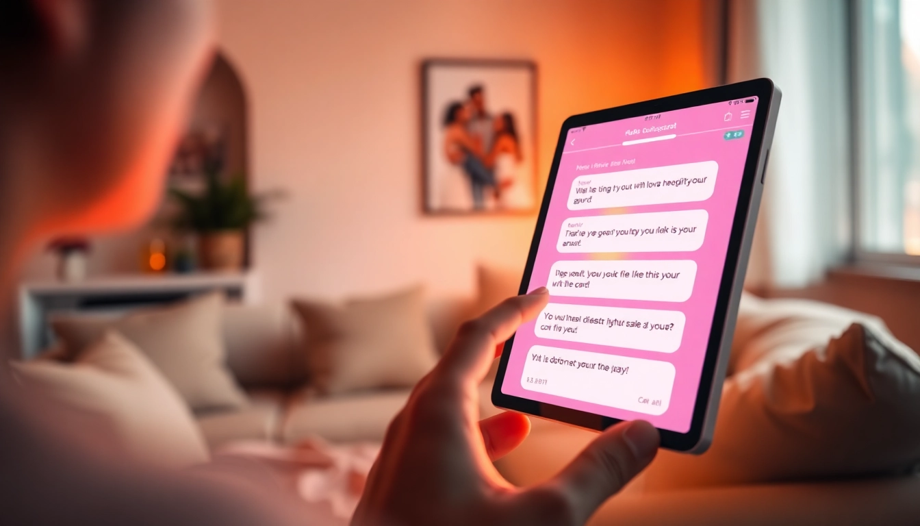 Engage in a romantic chat sex ai conversation with a lifelike AI chatbot, showcased in a cozy setting.