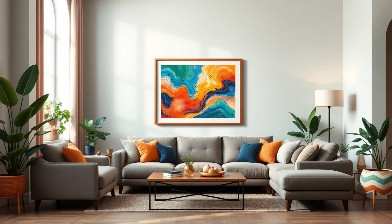 Display a vibrant 36x48 frame showcasing modern artwork in a contemporary living room.