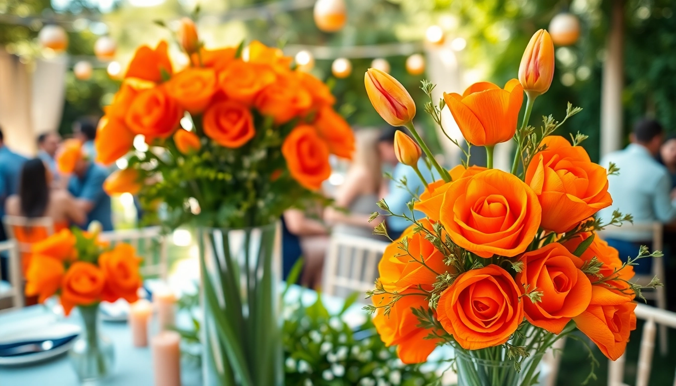 Beautiful vibrant orange County event flowers arrangement set in a lush outdoor event.