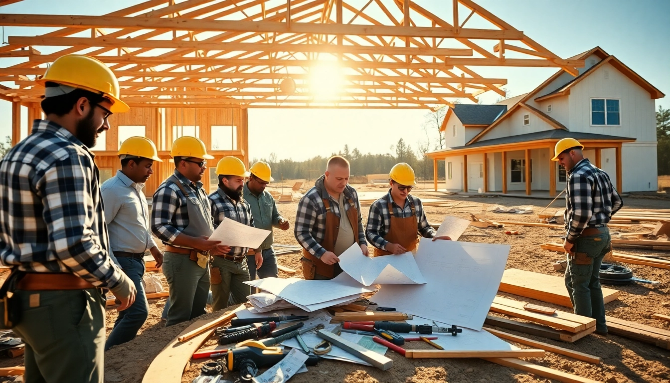 Connecticut home builders collaborating on a construction site showcasing skilled artisans and homes.