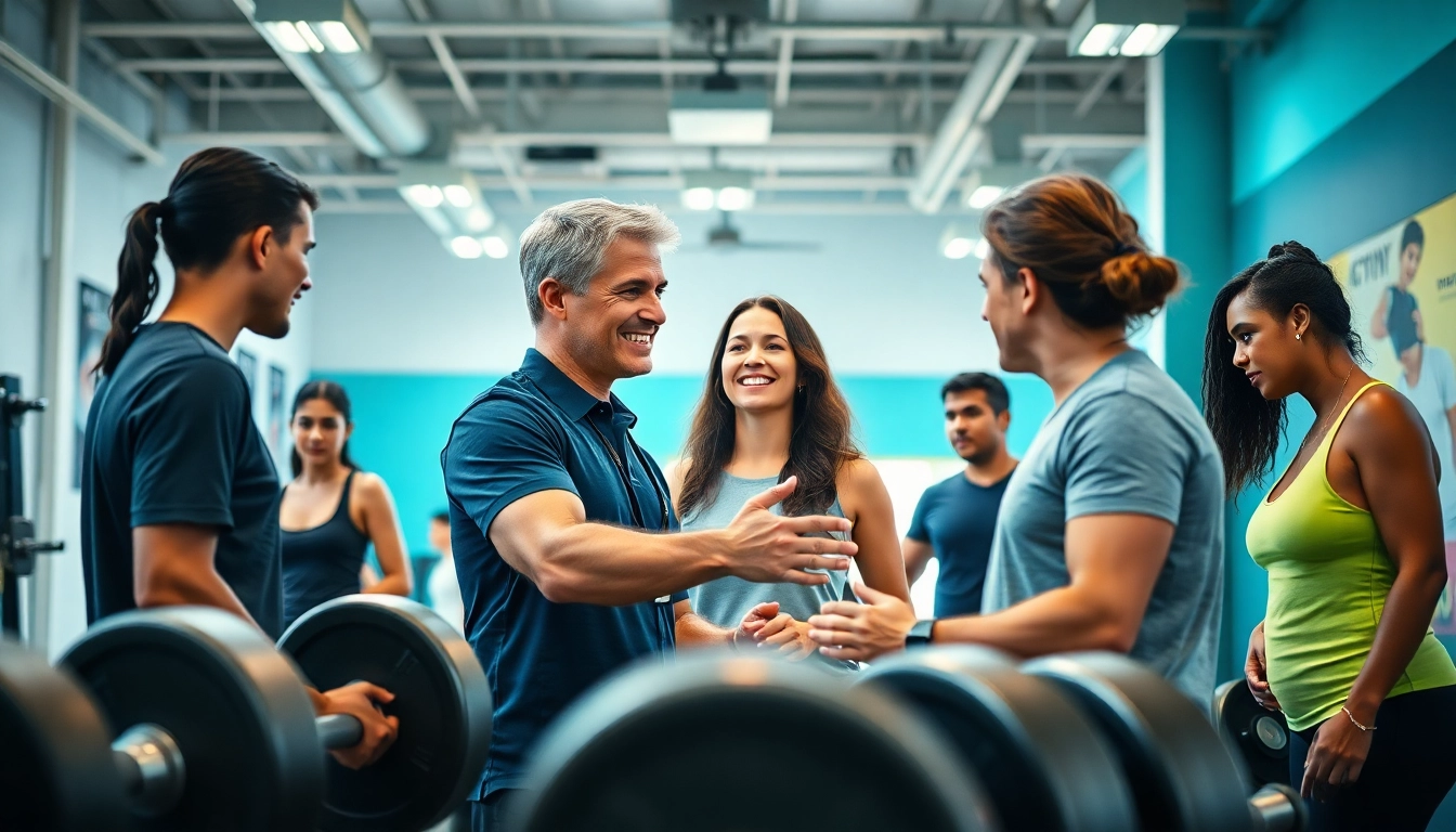 Find the best gym near me with a professional trainer guiding a diverse group through workouts.