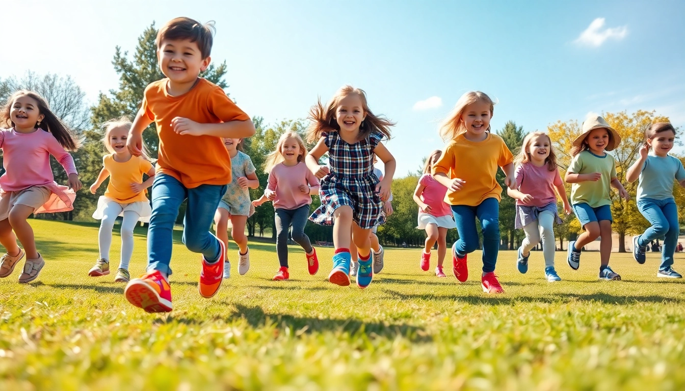 Kinder spielen ausgelassen mit Barfußschuhe Kinder im sonnigen Park.