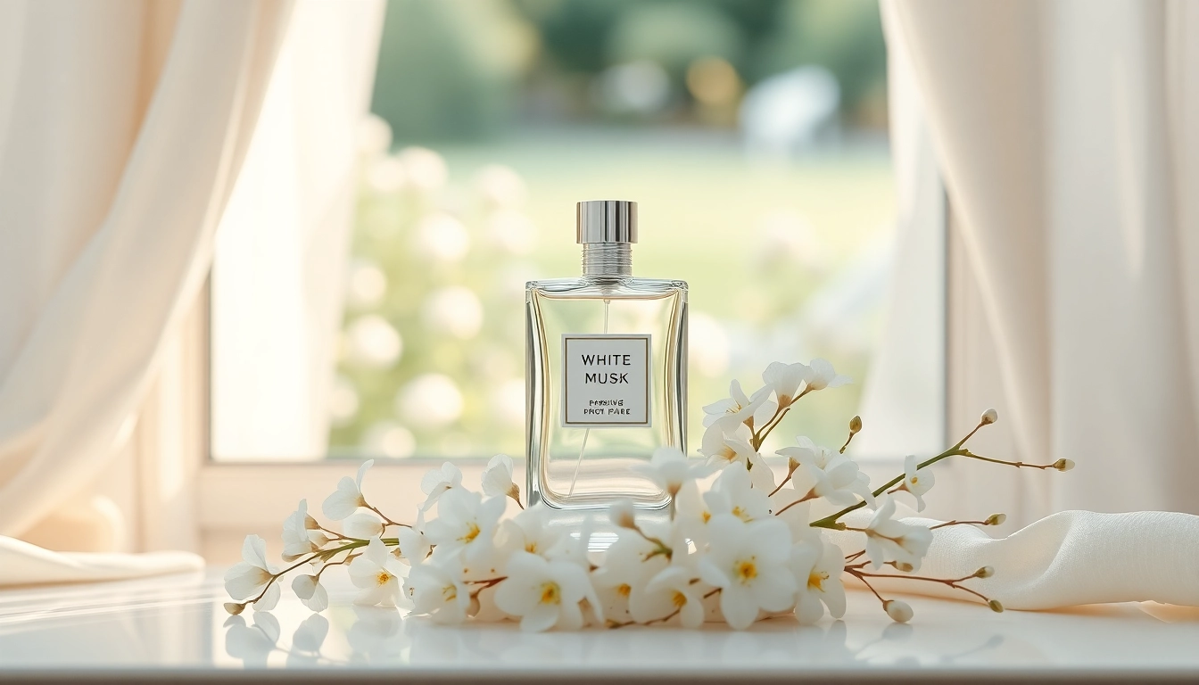 Le parfum White musk sur une coiffeuse, entouré de délicates fleurs blanches.