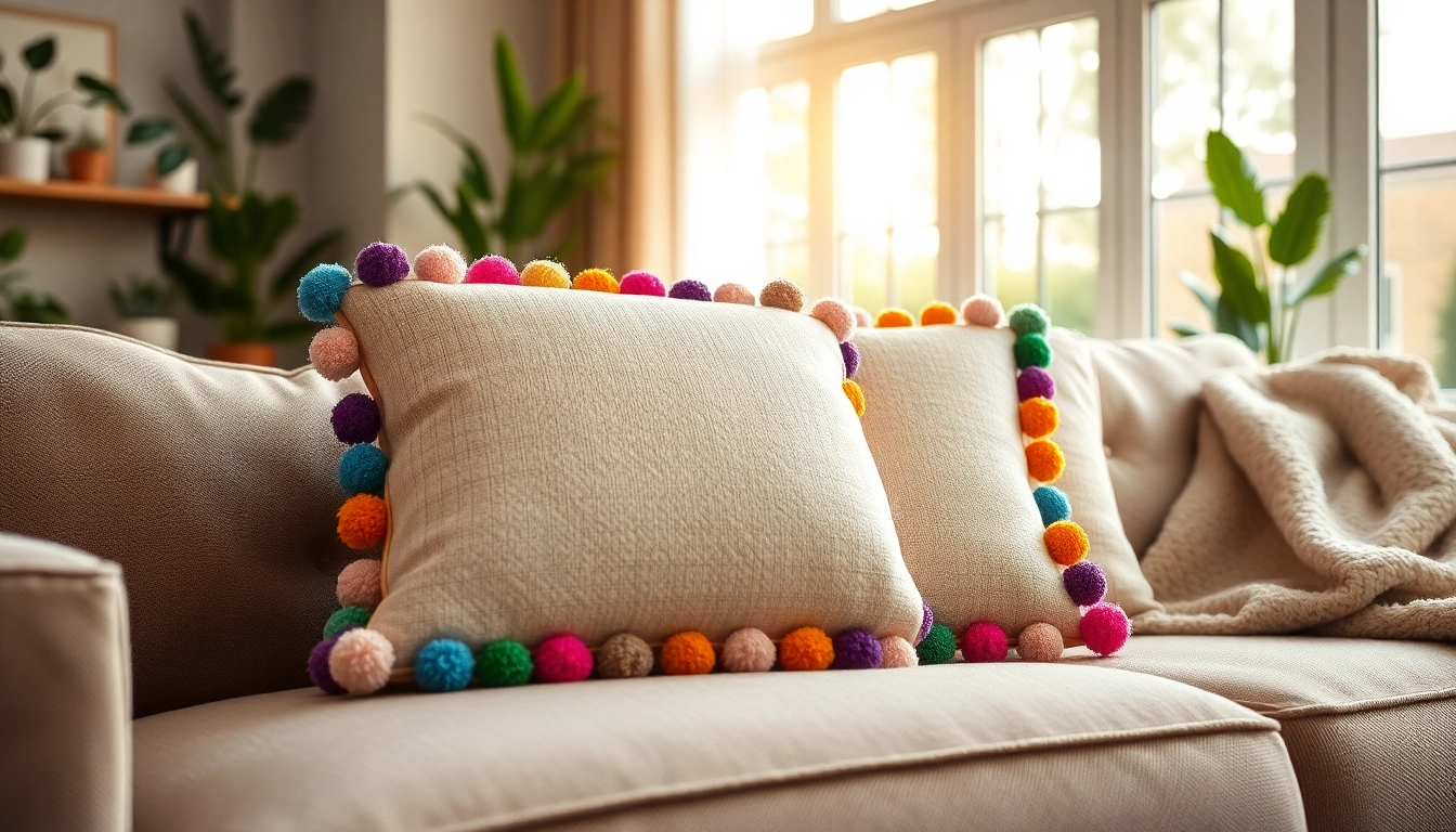 Pompom Cushion Cover enhancing a cozy living room ambiance with vibrant pompom edges.