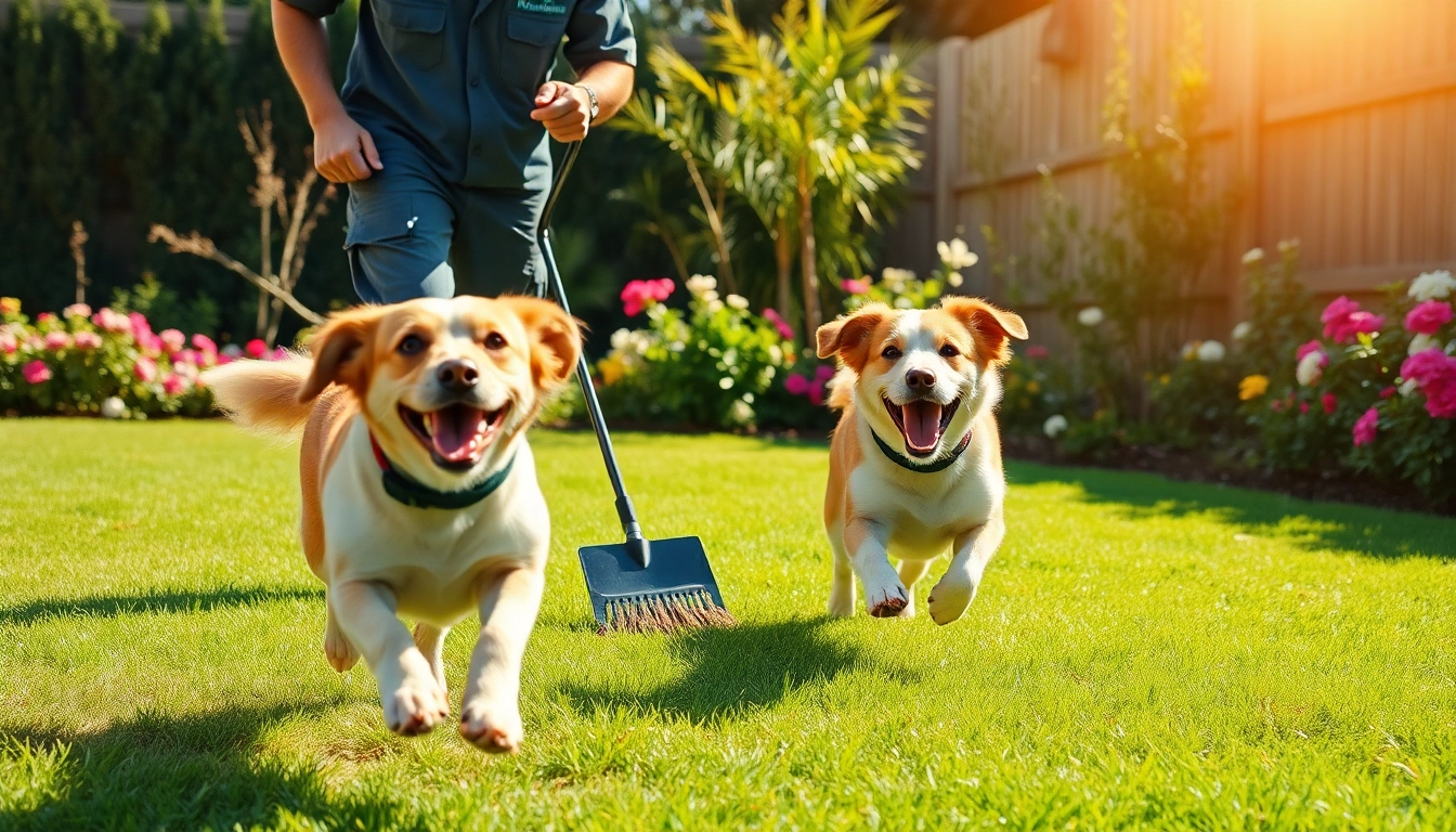 Dog clean up service technician efficiently scooping waste in a sunny yard.