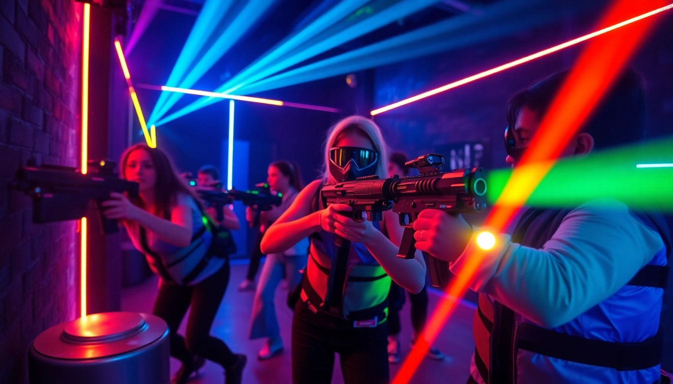 Players engaging in exciting laser tag game within a vibrant arena filled with neon lights and obstacles.