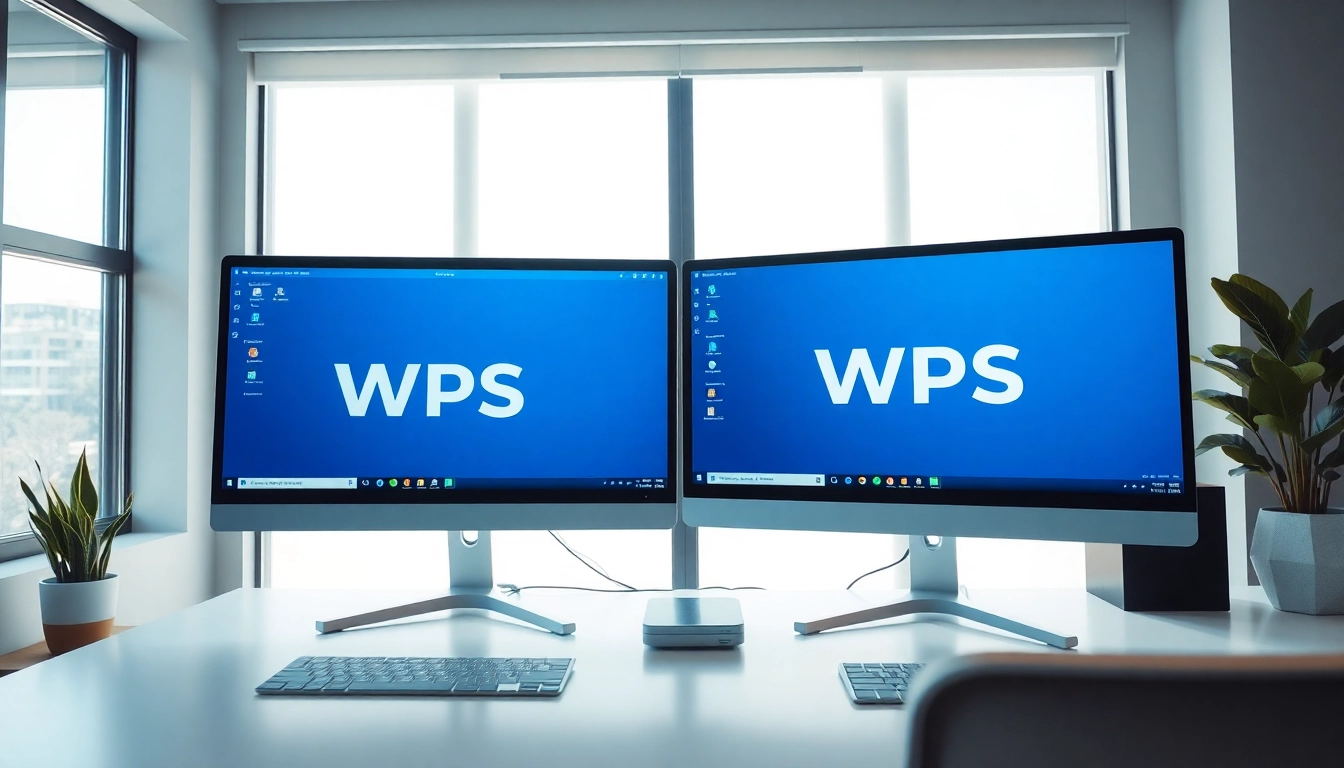 Utilize wps software on dual monitors in a bright, organized workspace for productivity.