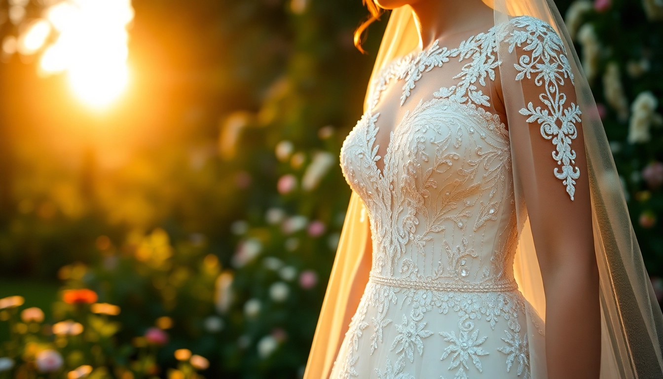 Admire the elegance of Beaded Wedding Dresses showcased on a beautiful bride in a garden setting.