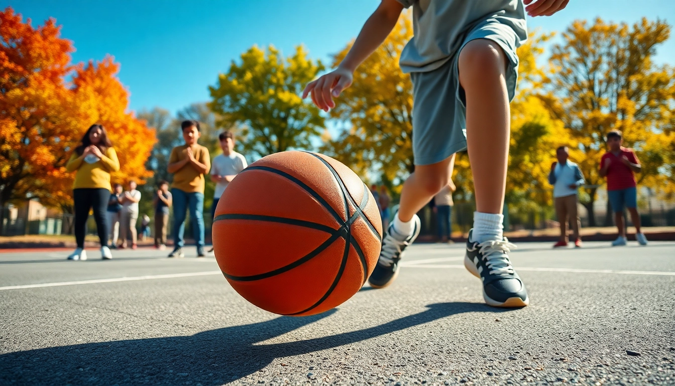 Young basketball enthusiasts engaging in a lively game on an outdoor court.