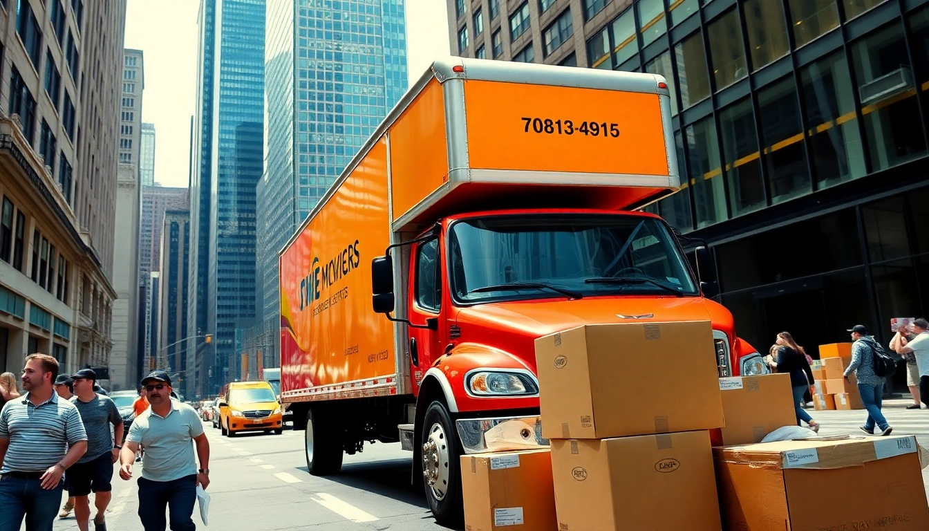 Efficient truck displaying Best movers nyc logo amidst New York City hustle, illustrating expert moving services.