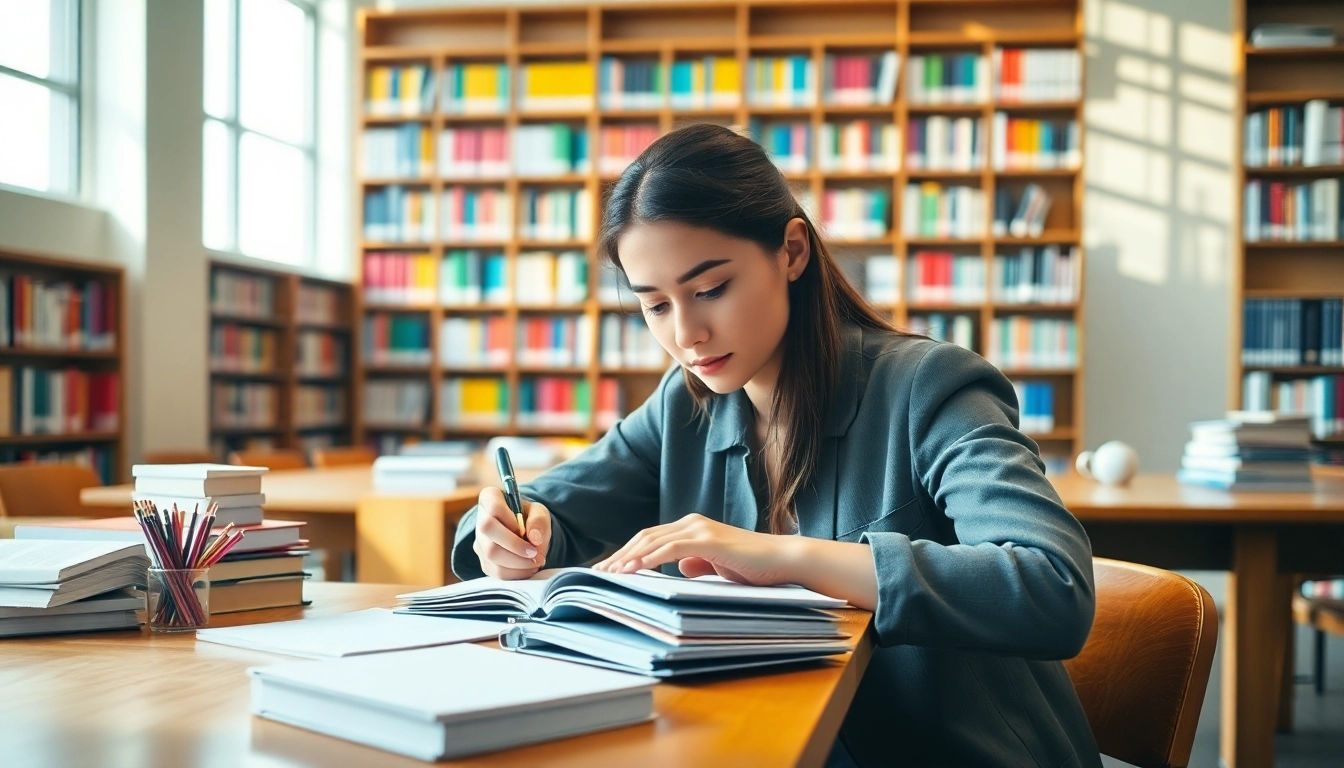 Studying student engaged with cheap nursing term papers in a modern library setting.