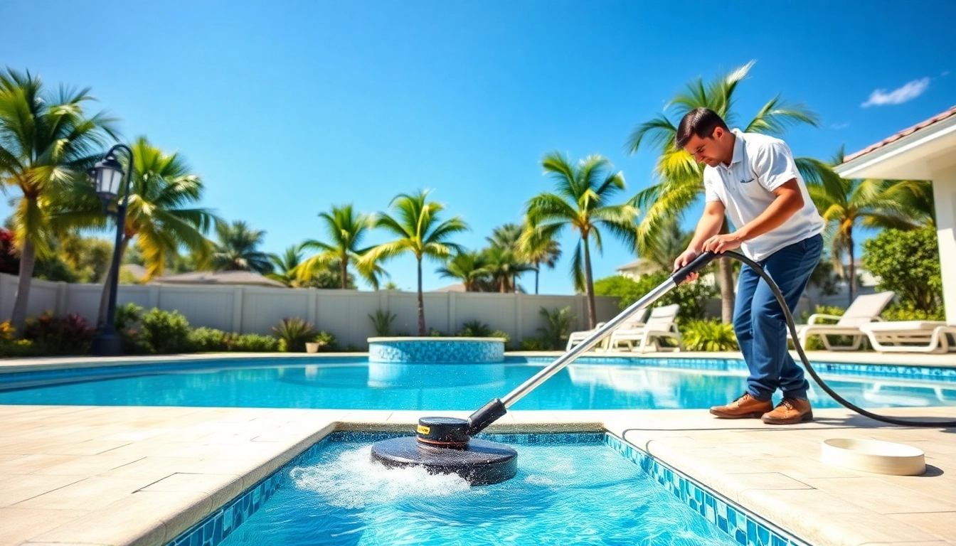 Captivating swimming pool service Pinellas County revitalizing a sparkling blue pool in a tropical setting.