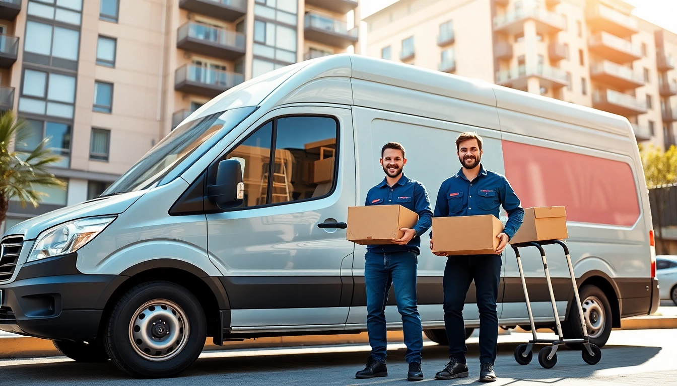 Engaging man and van moving service in action, showcasing professional movers and a branded van in the city.