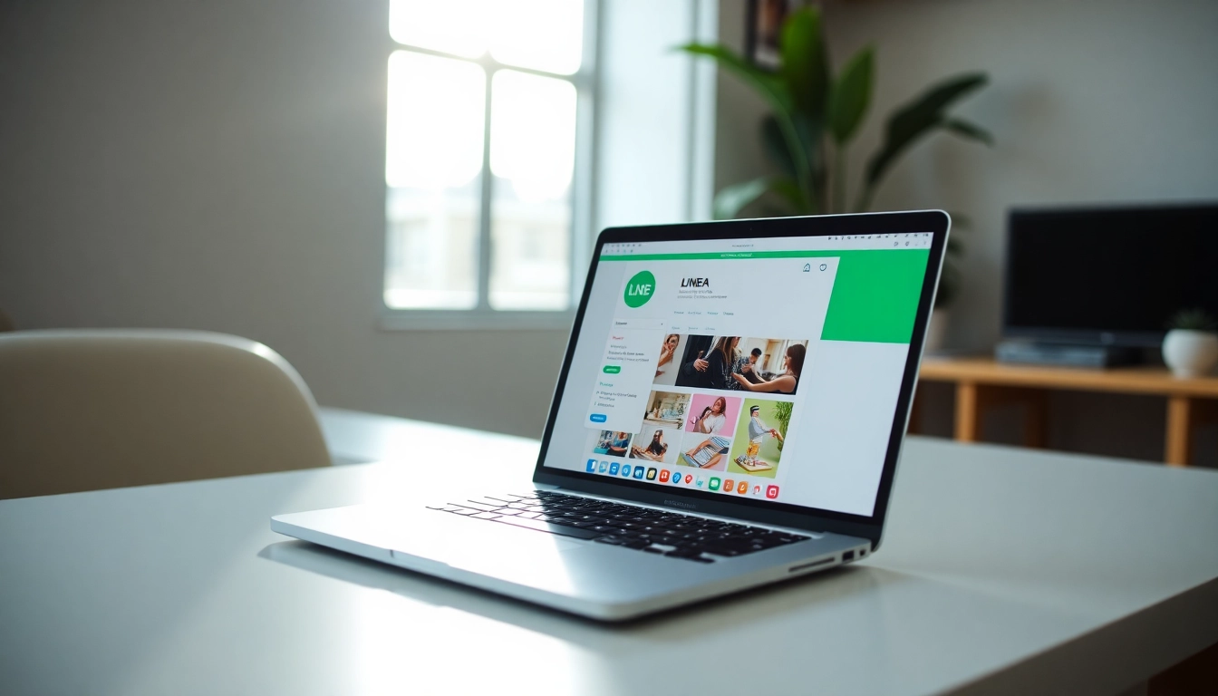 Download line電腦版下載 on a sleek laptop in a bright workspace.