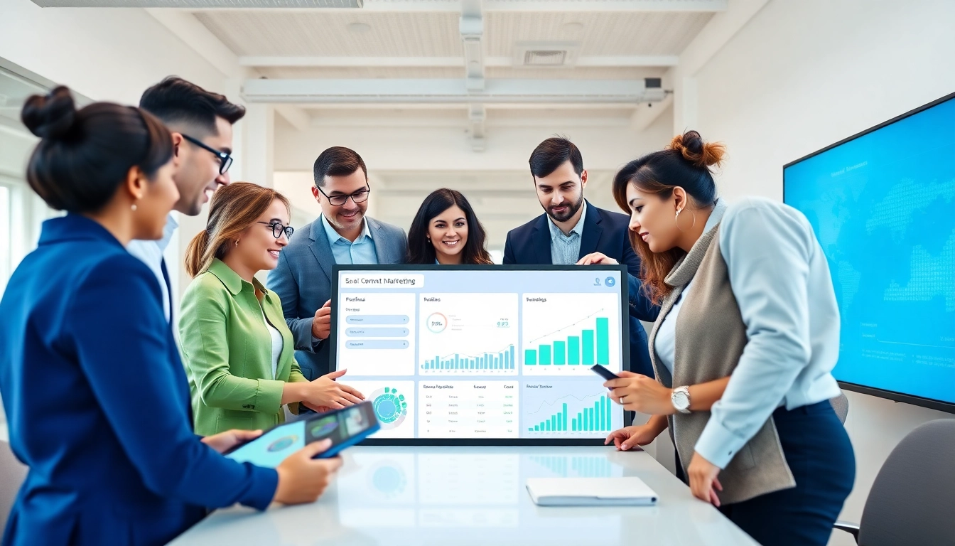 Engaging team working on strategies with AI content marketing platform in a modern office setting.