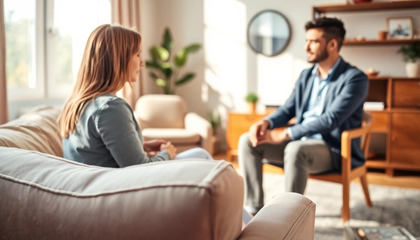 An empathetic attachment theory specialist engaging with a client in a welcoming therapy office.