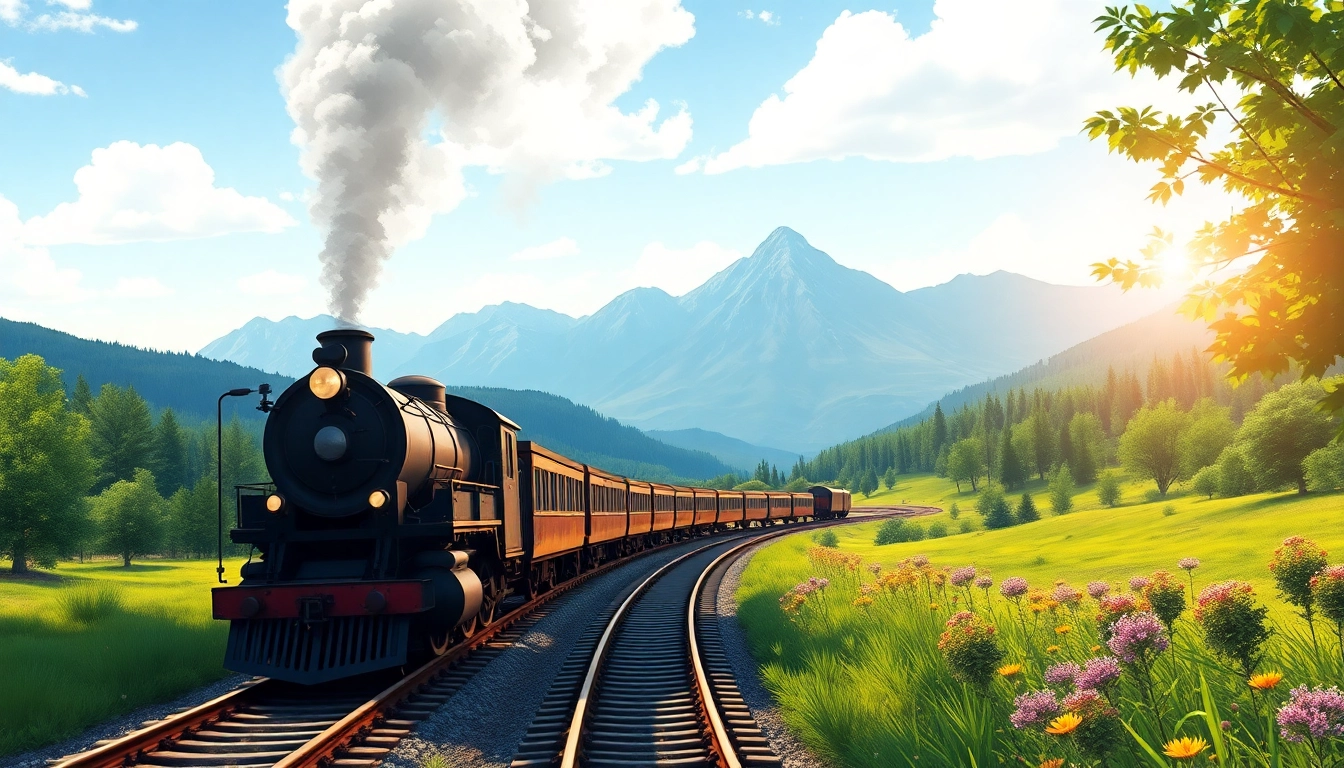Experience railroad tycoon free download with a steam locomotive journeying through scenic landscapes.
