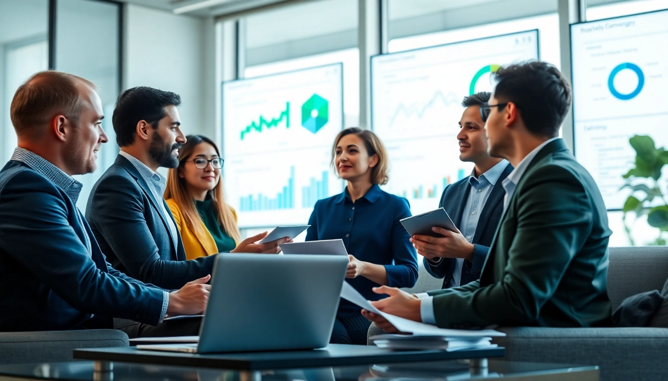 Discuss team analyzing competitive intelligence strategies in a modern office setting