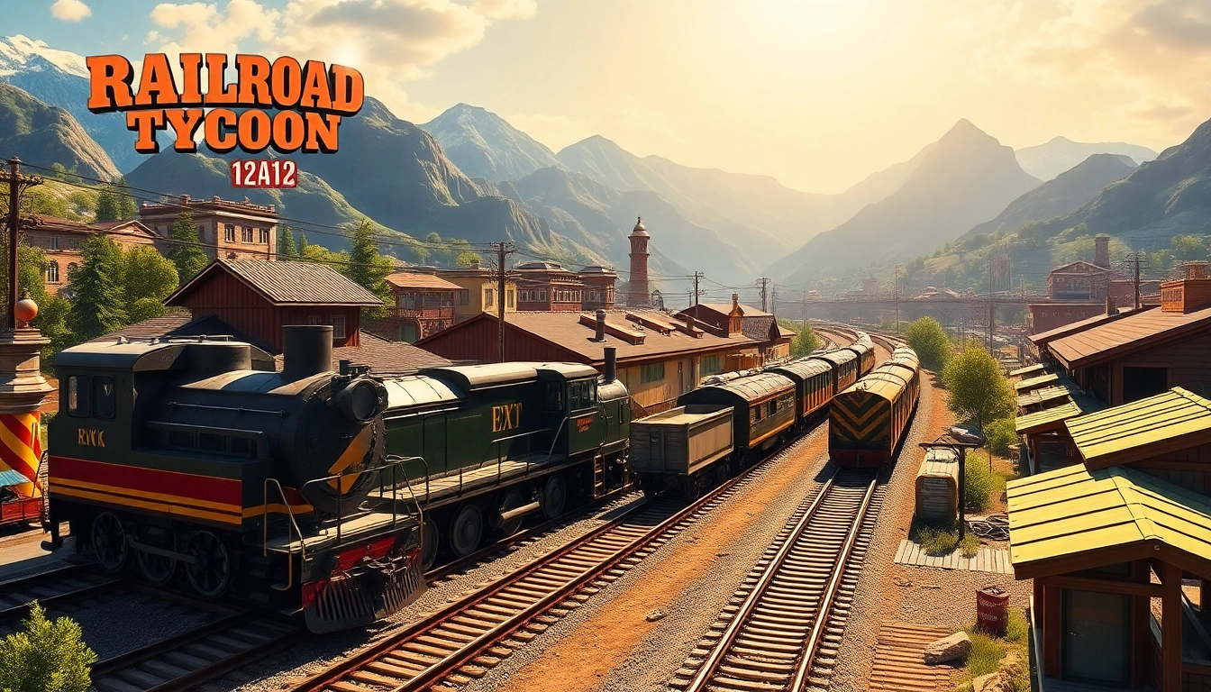 Download Railroad Tycoon game featuring a vibrant scene with energetic landscapes and realistic trains.
