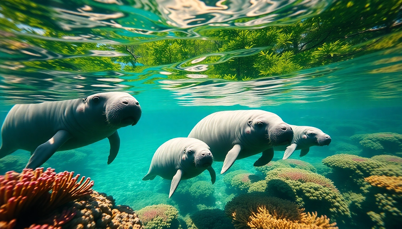 Observe manatees puerto rico swimming in a tranquil lagoon surrounded by vibrant coral reefs.