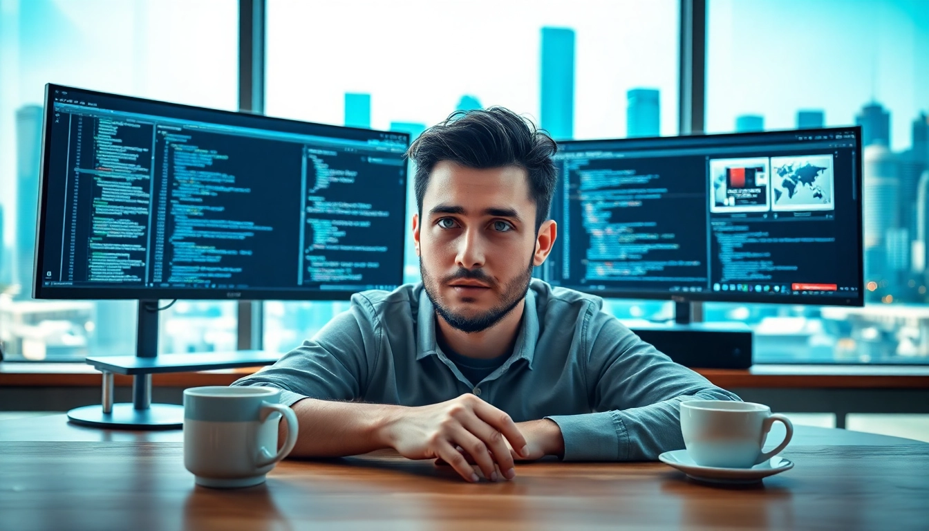 Web development expert coding in a modern workspace with dual monitors and creative designs.