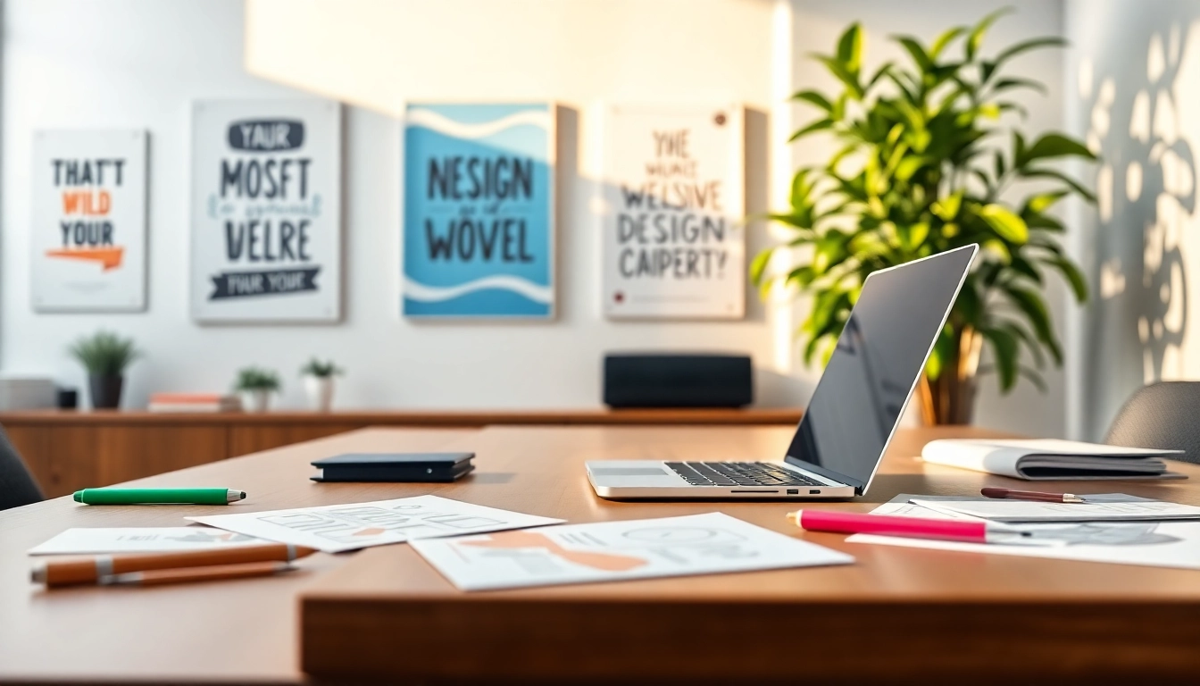Engaging workspace showcasing website design concepts with vibrant sketches and a laptop.