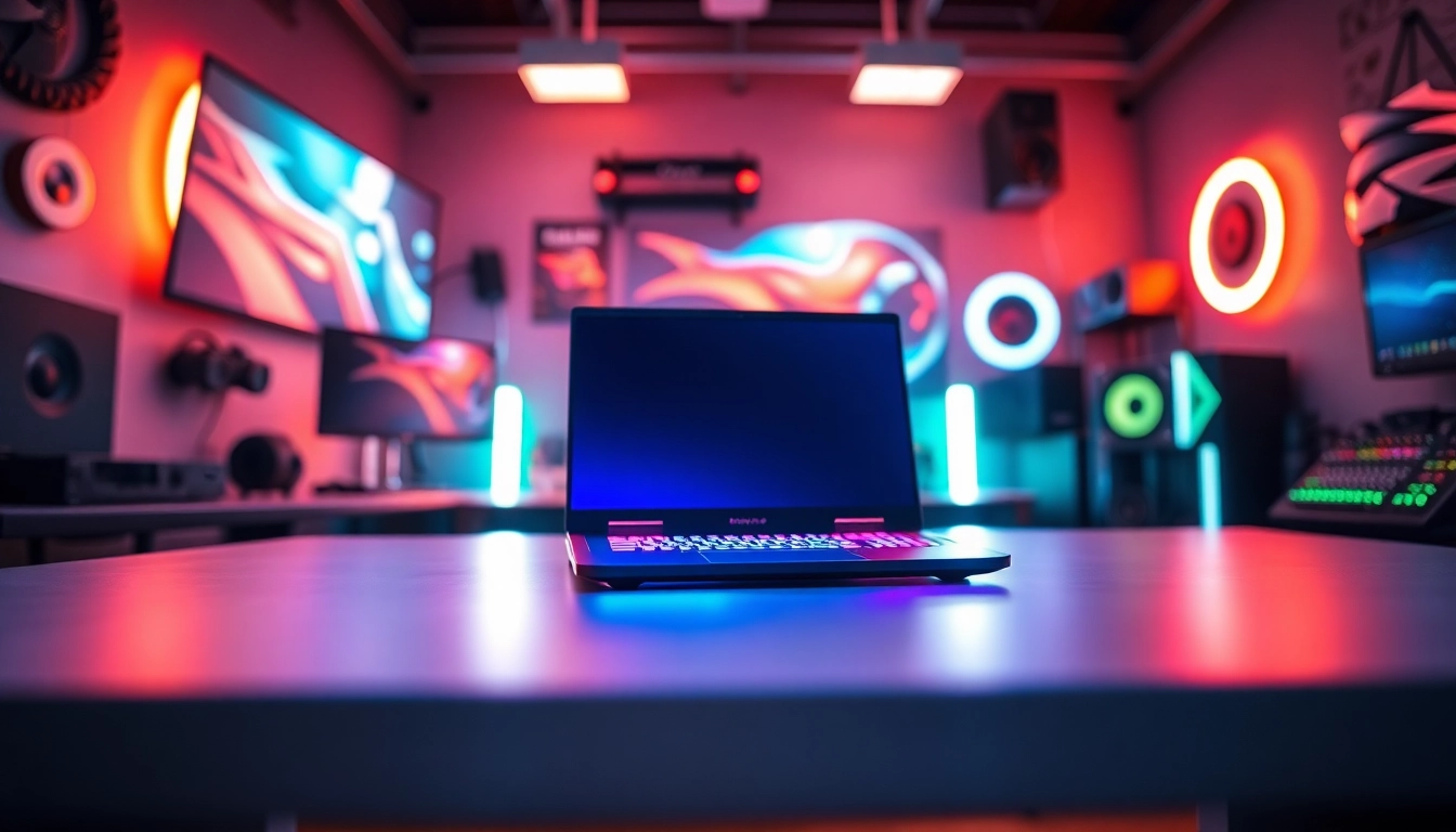 Showcasing a Gaming Laptop on a sleek gaming desk in a modern, vibrant environment