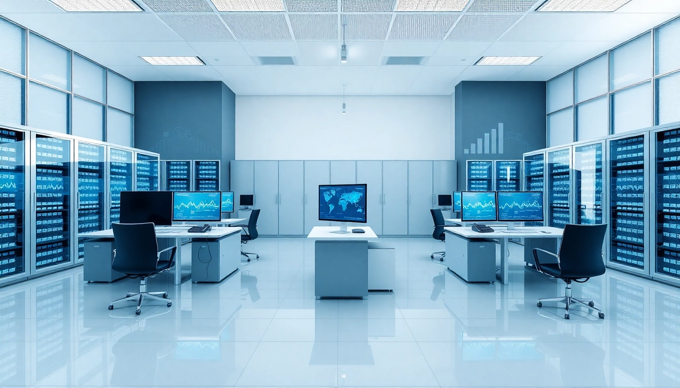 Datenraum mit modernen Arbeitsplätzen, die Sicherheit und Effizienz betonen.