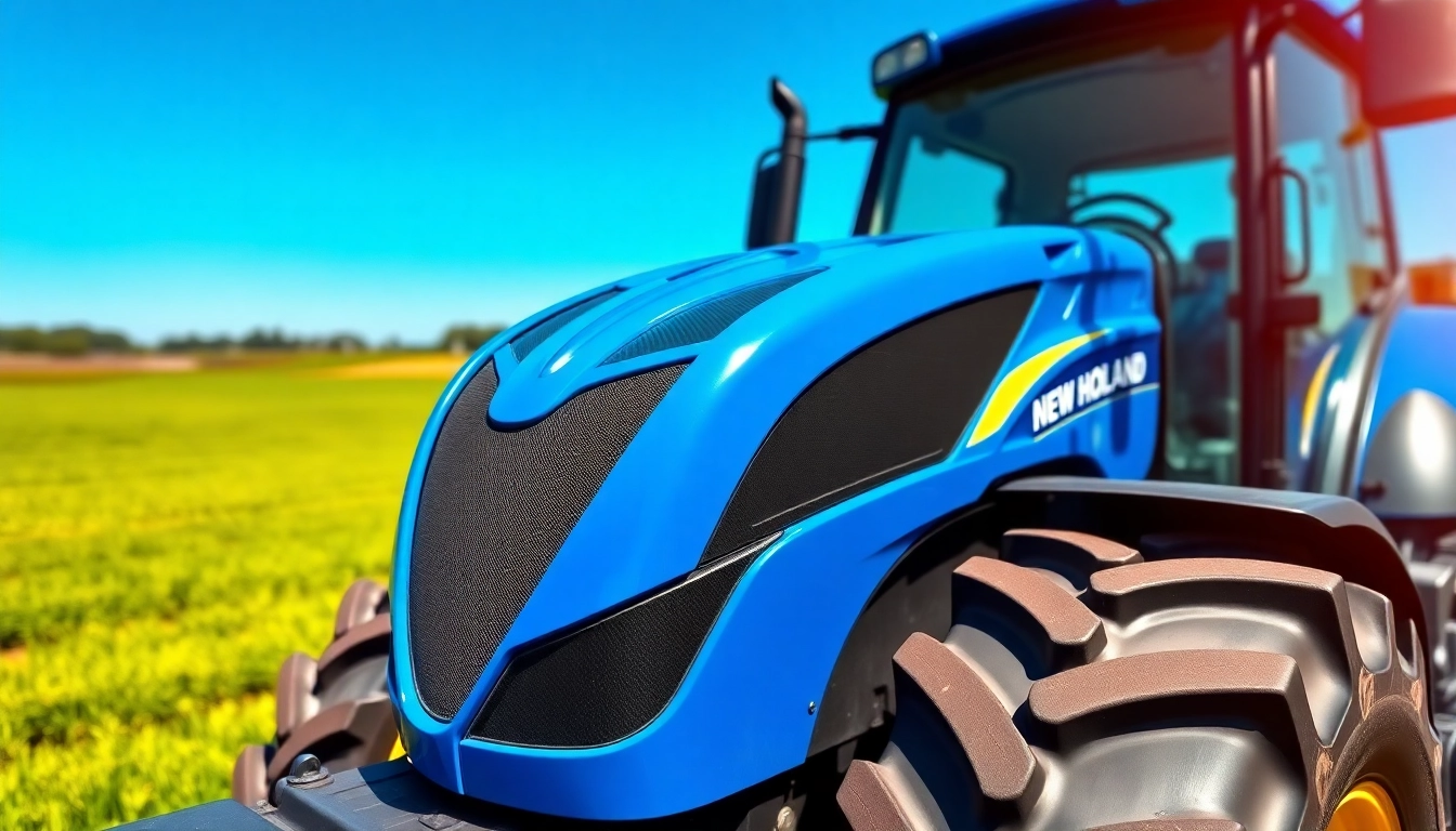 New Holland Traktor auf einem blühenden Feld vor blauem Himmel.