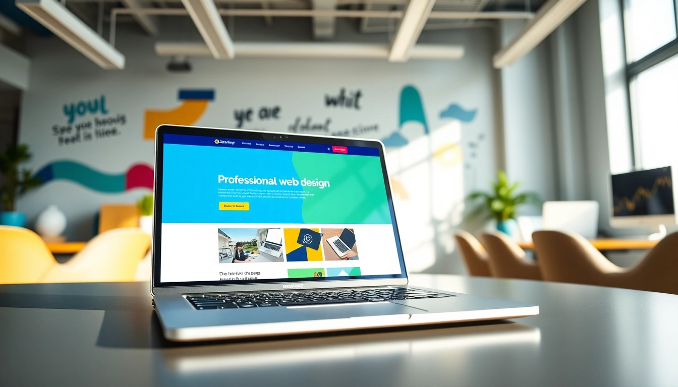 Showcasing web design Johor Bahru on a modern laptop in a vibrant office setting.