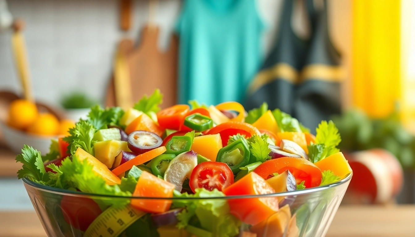 Abnehmen durch eine gesunde Salatwahl mit frischen Zutaten und Fitnessutensilien.