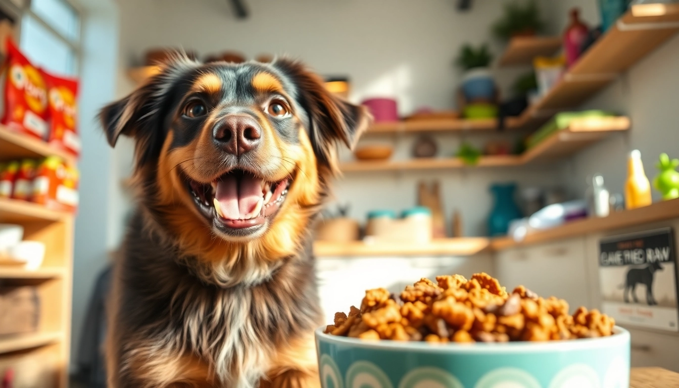 A joyful dog enjoying dr marty pet food canada in a bright kitchen setting.