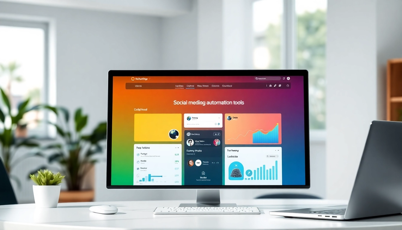 Engaging visual of Social media and blog automation tools in a modern workspace