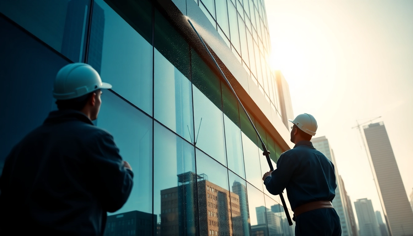 Window cleaners expertly washing architectural glass in a vibrant city skyline.