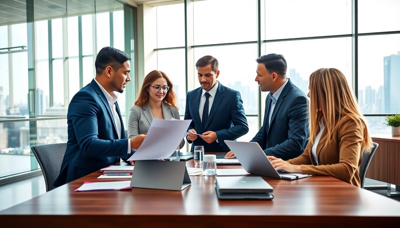 Illustration of professionals discussing Debt Collection Outsourcing in a modern office setting