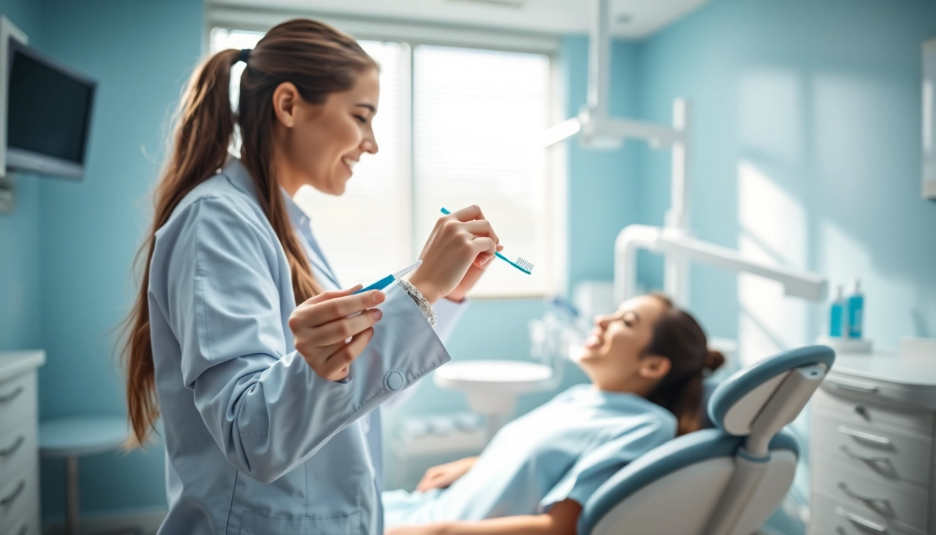Promote hygiene by showcasing a dental hygienist demonstrating proper oral hygiene techniques.