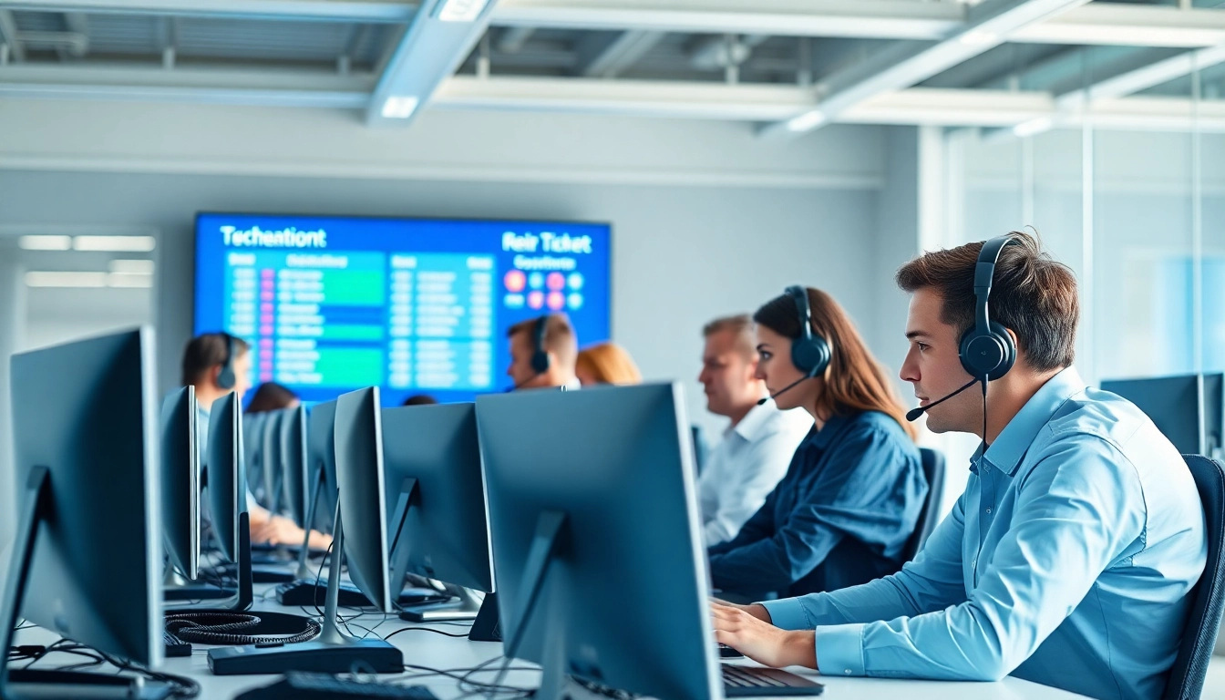 Helpdesk support team providing assistance in a modern office setting.