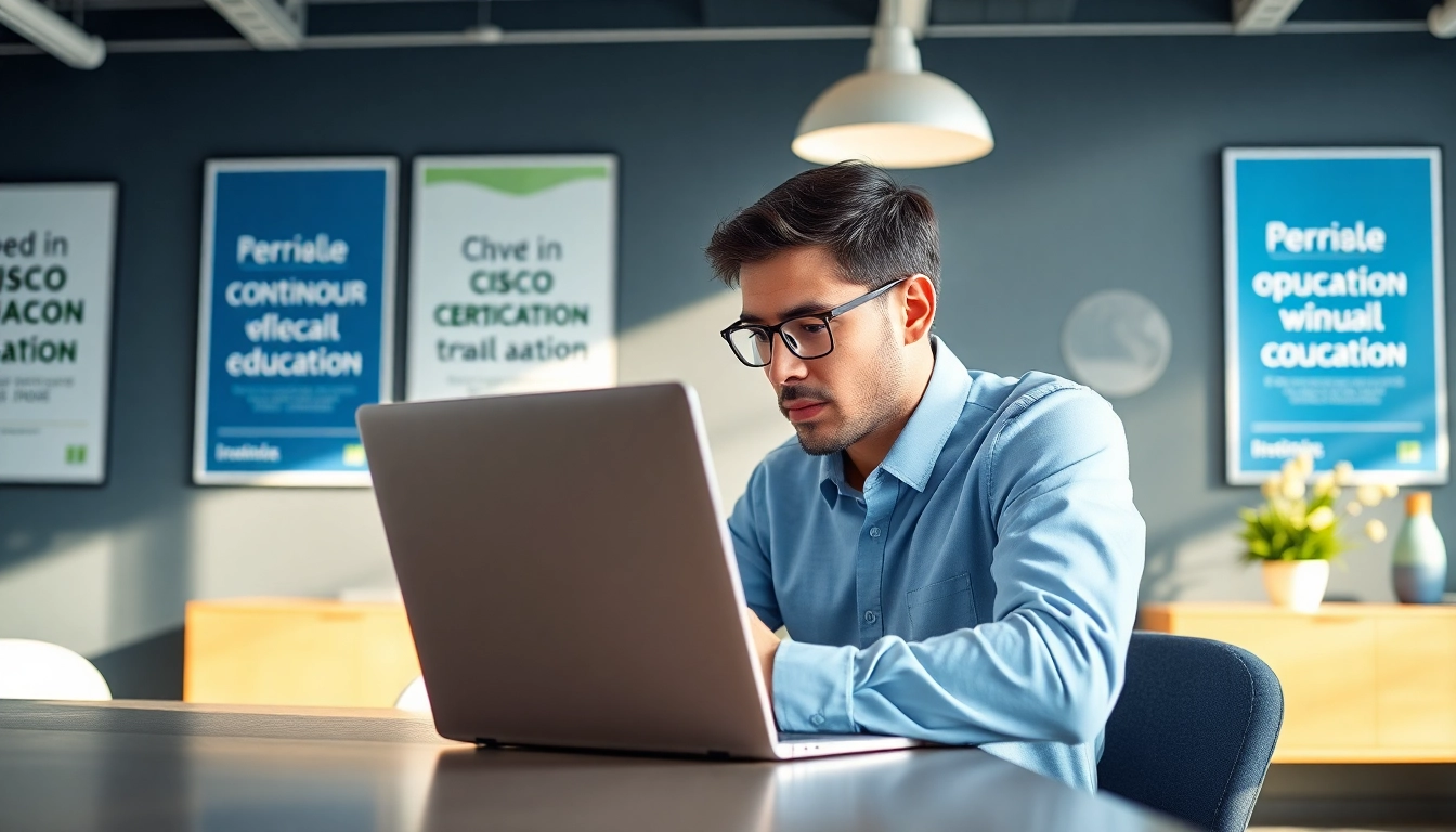 Renew Cisco Certification process illustrated by a professional engaged in online learning.