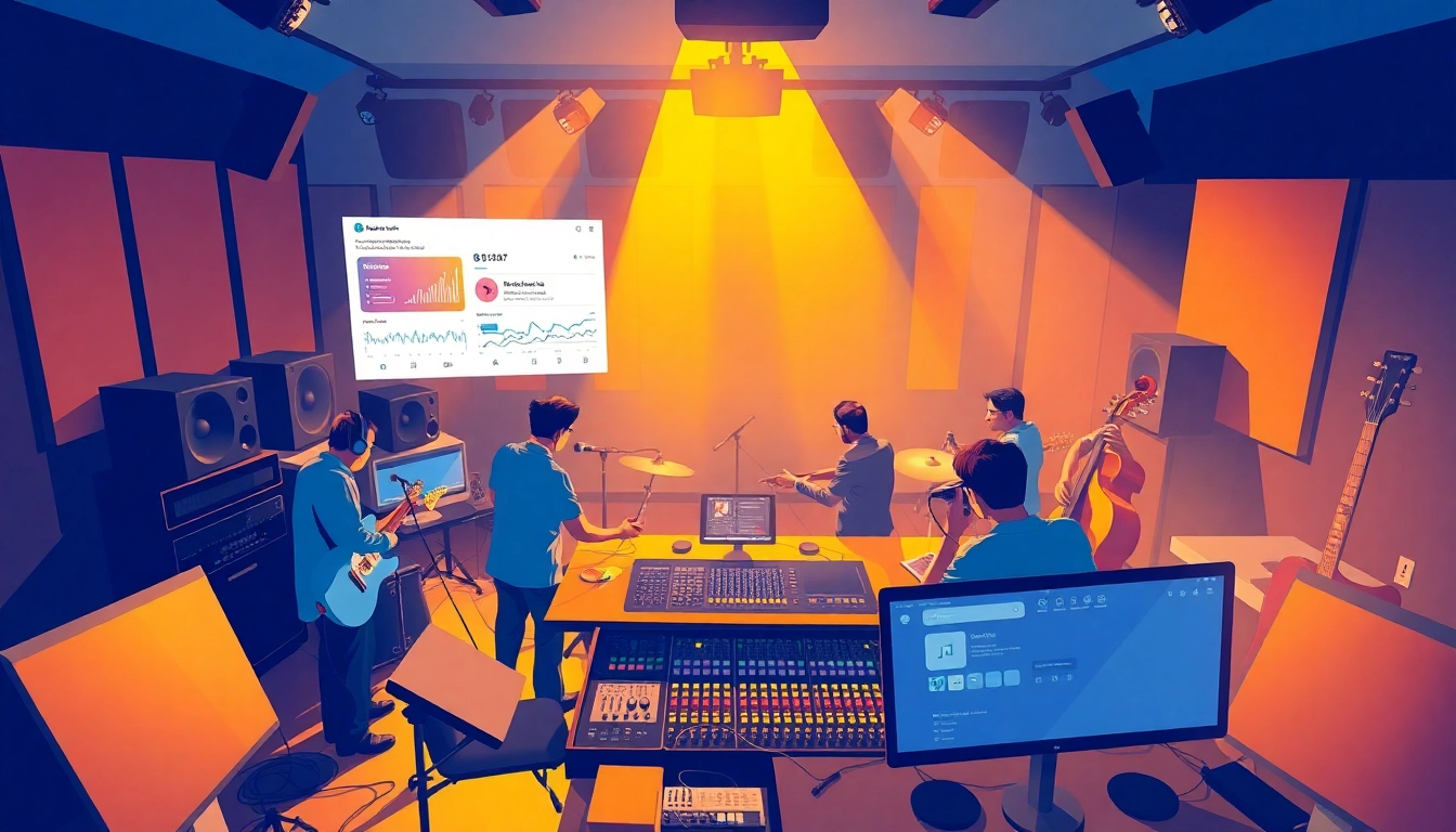 Elevate your music promotion services with a vibrant studio scene featuring diverse musicians collaborating.