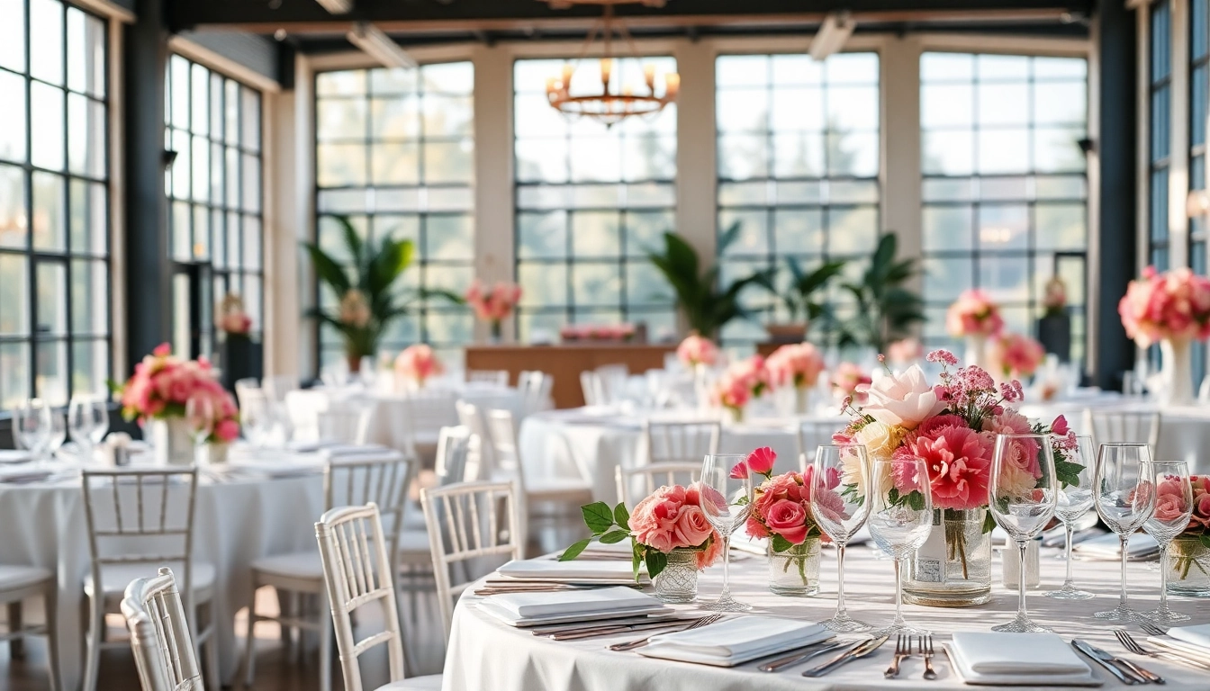 Plan your event space with beautifully arranged tables and floral decor.