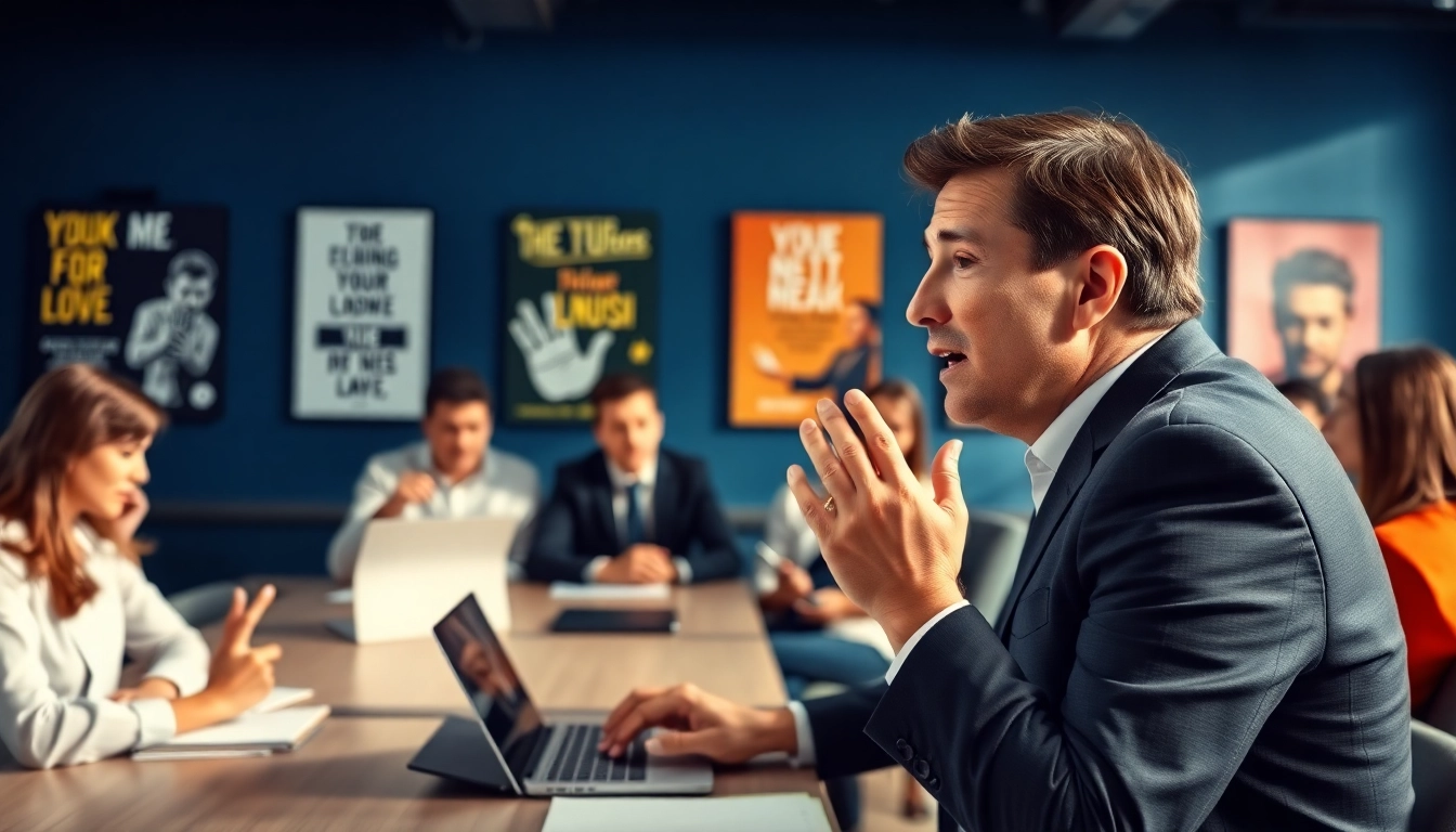 Engaging scene of Tony Robbins ClickFunnels strategies discussion in a modern conference room.