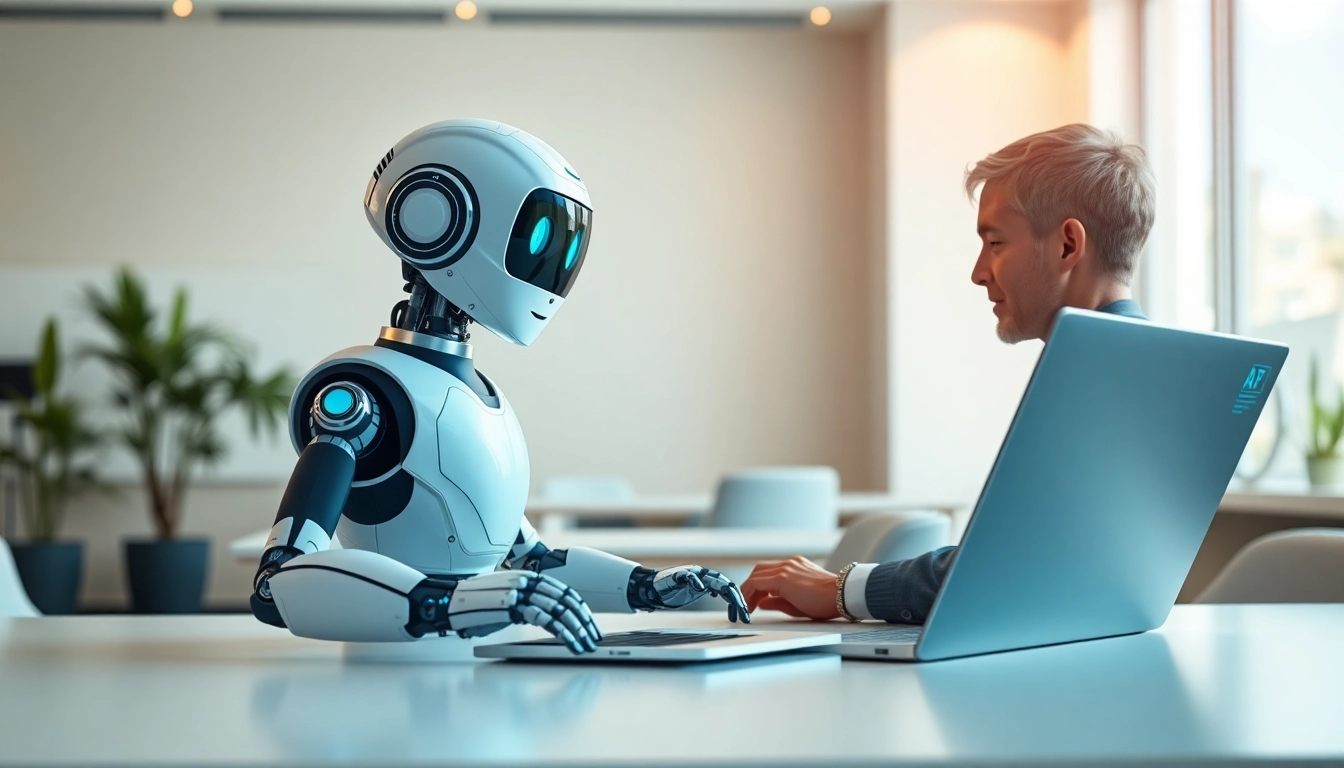 Engaging AI chat bot assisting users in a modern office environment.